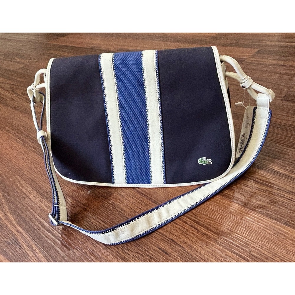 Vintage Lacoste Navy Blue & White Striped Canvas Messenger Shoulder Bag NOS